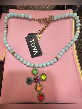 Tova BNWT Multicolor Beaded Cross Necklace in Light Blue